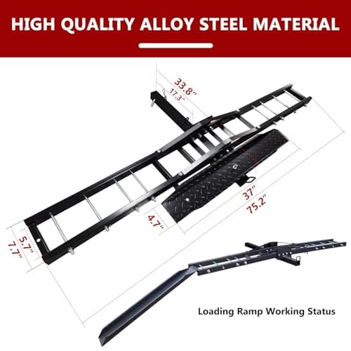 Grandroad Auto Motorcycle Hitch Carrier, 500LBS Heavy Duty Steel Dirt Bike Carrier with Loading Ramp, Anti-Tilt Locking Device, Motorcycle Rack for Dirt Bike Hitch Hauler 2