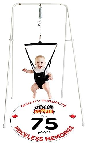 Jolly Jumper Classic (Black) with Stand - Original Baby Jumper, Indoor and Outdoor Exercise Saddle Seat, Adjustable Height, for Infants up to 28lbs