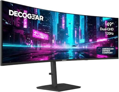 Deco Gear 49” Curved Dual-QHD 5120×1440 Ultrawide Monitor, 120Hz, HDR400, 1ms, FreeSync, USB-C 65W, PBP/PIP, KVM, Speakers, Height-Adjustable Stand – Designed by an American-Owned & Operated Company