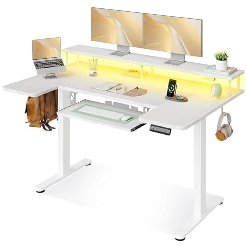 OffiGo U Shaped Electric Standing Desk with Keyboard Tray, 55 Inch Height Adjustable Desk with Power Outlets & LED Lights, Sit Stand Table with Monitor Stand for Home, Office, White