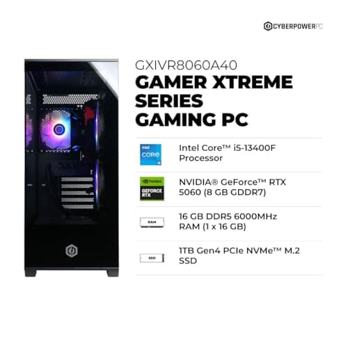 CyberPowerPC Gamer Xtreme VR Gaming PC, Intel Core i5-13400F 2.5GHz, GeForce RTX 5060 8GB, 16GB DDR5, 1TB PCIe 4.0 SSD, WiFi Ready & Windows 11 Home (GXiVR8060A40) 2