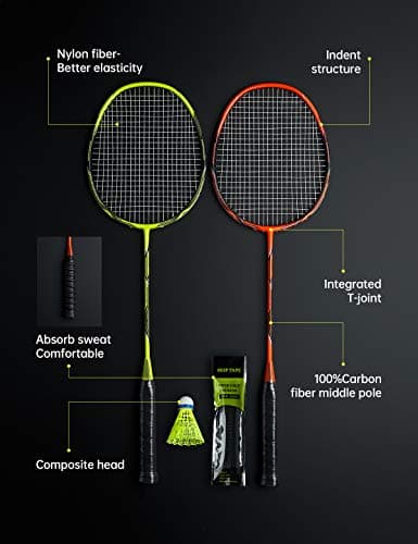 WOED BATENS -2 Player Badminton Set, Carbon Fiber Badminton Rackets Badminton Racquet for Backyards Gym with 3 Shuttlecocks 2 Grip Tape and 1 Badminton Bag, Yellow Orange 2