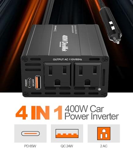 400W Car Power Inverter - Dual DC 12V to 110V AC Car Plug Adapter Outlets, Fast Charging USB C 65W & 24W Port, Power Inverters for Vehicles, Laptop Car Charger, Road Trips 2