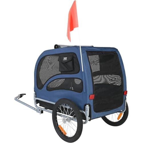 VEVOR Dog Bike Trailer, Supports up to 100 lbs, Pet Cart Bicycle Carrier, Easy Folding Frame with Quick Release Wheels, Universal Bicycle Coupler, Reflectors, Flag, Collapsible to Store, Blue/Black 5