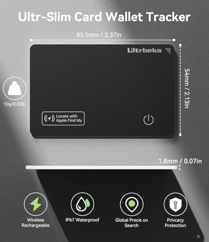 Ultrbeka Ultra-Thin Air Tag Wallet Tracker Card 0.07in IP68 Waterproof Bluetooth Tracker for Wallets, Passport, Work with Apple Find My, Wireless Charging, Card Locator [Apple MFi Certified] iOS Only 2