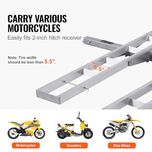VEVOR Motorcycle Carrier, 2-Bike 600 LBS Aluminum Motorcycle Carrier Hitch Mount, Loading Ramp, Scooter Dirt Bike Trailer Hauler, Ratchet Straps and Stabilizer, for Car, Truck with 2" Hitch Receiver 5