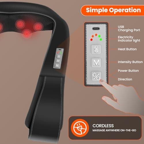 AMZPONY® Cordless Neck Massager for Pain Relief Deep Tissue, Rechargeable Shiatsu Neck and Back Massager with Heat Kneading Shoulder Massage for Body Muscle Pain Relief,Gifts for Dad Mom Friends 5