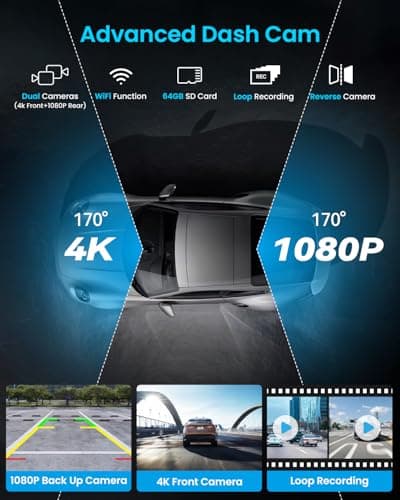 Portable Apple Carplay Screen, 10’’ Car Stereo Wireless Car Play & Android Auto Touch Screen, 4K Dash Cam, 1080P Backup Camera, Mirror Link/Voice Control/Music Play/GPS Navigation 4
