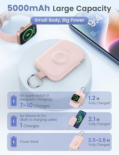 RORRY Portable Charger, 5000mAh Portable Charger Power Bank with Built-in Cables, Travel Keychain Battery Pack for Apple Watch Ultra/11/10/9/8/7/6/SE, iPhone Air/17/16/15/14/13/12, Pink 3