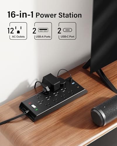 Surge Protector Power Strip 4800J, LeZone 10Ft Long Extension Cord Flat Plug, 12 Outlets 2 USB C 2 USB Ports, Wall Mountable, 20W Desk Charging Station, Black 2