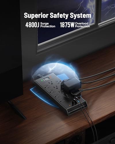 Surge Protector Power Strip 4800J, LeZone 10Ft Long Extension Cord Flat Plug, 12 Outlets 2 USB C 2 USB Ports, Wall Mountable, 20W Desk Charging Station, Black 4