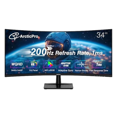 ArcticPro 34inch 200Hz Curved Gaming Monitor, WQHD 3440*1440p, 1ms Response Time, Adaptive sync, 3000:1 Contrast, 3-Sided Frameless, Ultra Slim, 120% sRGB, Bluelight Filter, HDMI(TMDS)& DP Ports,Black
