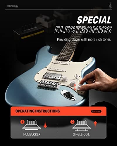 Donner DST-152R Electric Guitar, 39" Beginner Electric Guitar Kit, HSS Pickup with Coil Split, Guitar Starter Set with Amp, Bag, All Accessories, Metallic Ice Blue 5