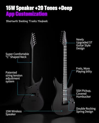 Enya Electric Guitar Inspire 39" Smart Electric Carbon Fiber Guitarra with 15W Wireless Speaker, 20 Distinct Tones, Onboard Presets, Charging Cable, Adjusting Wrench, and Gig Bag 2
