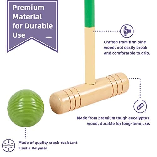 ApudArmis 32In Six Player Croquet Set with Deluxe Premiun Pine Wooden Mallets,Colored Ball,Wickets,Stakes - Lawn Backyard Game Set for Adults/Teens/Family (Large Carry Bag Including) 3