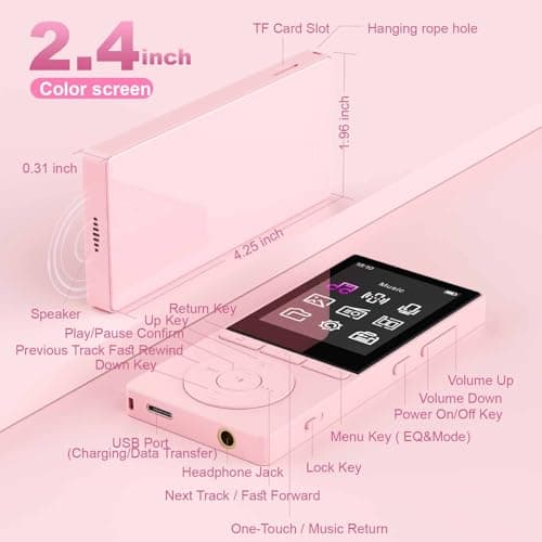 64GB MP3 Player with Bluetooth 5.3, Music Player with HiFi Sound for Sports Runners, 2.4" Screen MP3 Player Built in HD Speaker Voice Recorder E-Book, Expanded Up to 128GB, Earphone Included, Pink 4