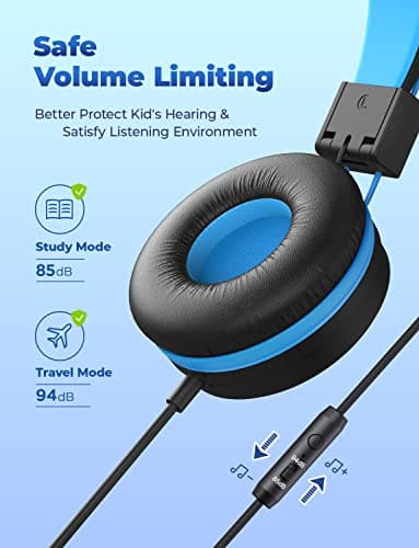 iClever Kids Headphones with Cord, 85/94dB Safe Volume Tech, Bending Resistance Durable, Foldable, Stereo Sound 3.5mm Jack Wired Headphones for Kids Boys Girls Tablet/Travel/School, HS14 3