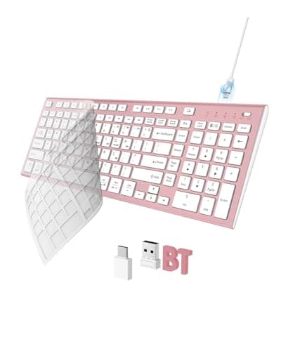FENIFOX Wireless Keyboard, Bluetooth & 2.4G USB & USB-C Rechargeable Silent Ultra Quiet Low Profile Compact Full Size with Number Pad Soft Multi Device for Mac MacBook Windows PC - Pink & Rose Gold