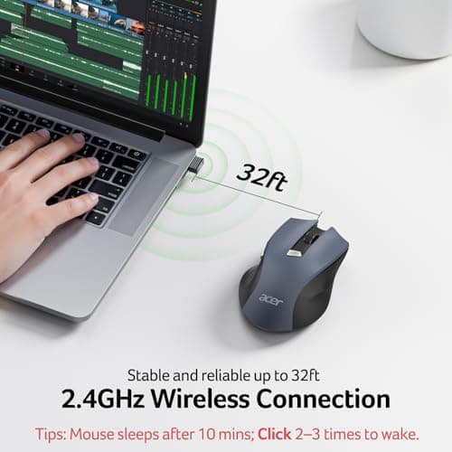 acer Wireless Mouse for Laptop, 2.4GHz Computer Mouse 3 Adjustable DPI Office Cordless USB Mice with USBA Receiver, 6 Buttons, 1600 DPI, Medium to Large Sized Hands Compatible with PC, Laptop, Desktop 2