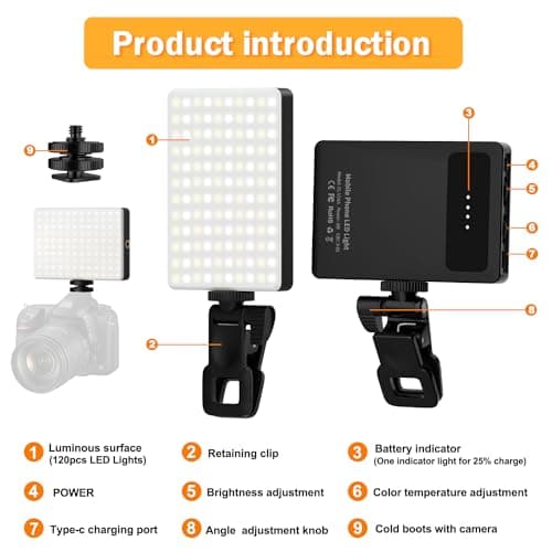 Singwil 120 LED Selfie Light for iPhone, Portable Phone Light with Clip & Camera Tripod Adapter - 5000mAh Rechargeable, 3 Lighting Modes, CRI 97+ for Video Recording, TikTok, Tripod Mount Rings 4