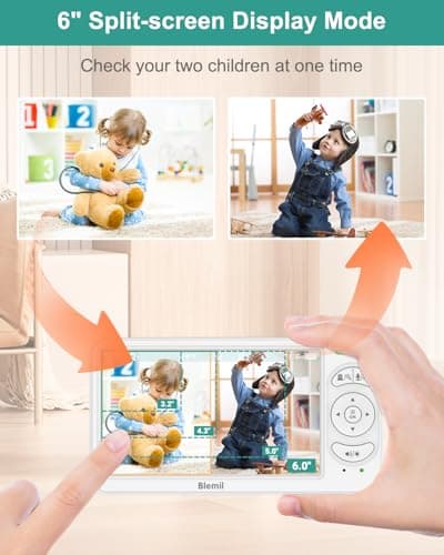 Blemil 6" Baby Monitor with 2 Cameras 4000mAh Battery Upgrade Split Screen Video Baby Monitor No WiFi Remote Pan-Tilt-Zoom Auto-Night Vision 150 Languages ECO Mode 2-Way Talk 1000FT (Ideal Condition) 2