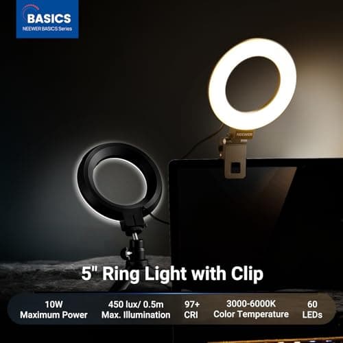 NEEWER Basic 5" Ring Light for Video Conference Lighting, Clip on Light Kit with Desk Tripod Stand for Monitor Laptop Computer Zoom Call Live Streaming Remote Working Learning Video Recording, BR60 2