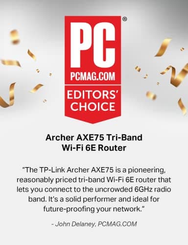 TP-Link AXE5400 Tri-Band WiFi 6E Router (Archer AXE75), 2025 PCMag Editors' Choice, Gigabit Internet for Gaming & Streaming, New 6GHz Band, 160MHz, OneMesh, Quad-Core CPU, VPN & WPA3 Security 2