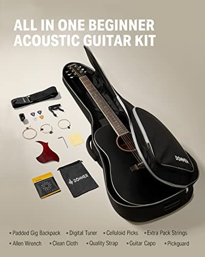 Donner Black Acoustic Guitar for Beginners, Adult, Teens, Starter Kits - Full Size 41'' Steel-String Acustica Guitarra Bundle Set with Free Online Lesson, Gig Bag, Strap, Tuner, Cutaway, DAG-1CB 5