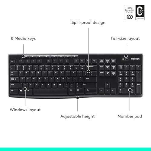 Logitech K270 Wireless Keyboard for Windows, 2.4 GHz Wireless, Full-Size, Number Pad, 8 Multimedia Keys, 2-Year Battery Life, Compatible with PC, Laptop, Black 4