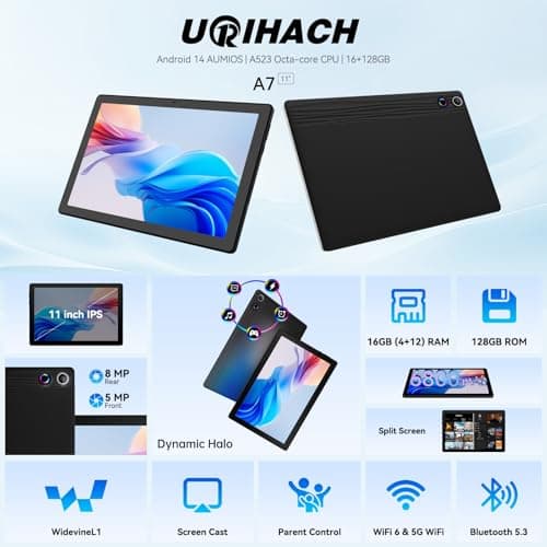 UGRIHACH Tablet, Android Tablet 10.95",16GB RAM 128GB ROM 1TB Expansion, Octa-Core, Android 14, 1280x800 FHD, Dual Camera, WiFi6, BT5.3, 6800mAh Battery 2