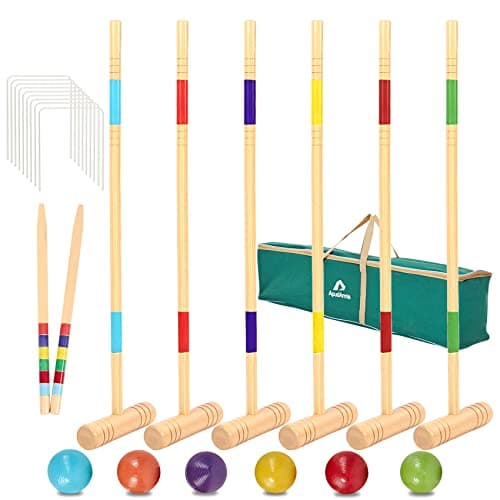 ApudArmis 32In Six Player Croquet Set with Deluxe Premiun Pine Wooden Mallets,Colored Ball,Wickets,Stakes - Lawn Backyard Game Set for Adults/Teens/Family (Large Carry Bag Including)