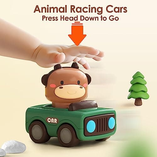 iPlay, iLearn Press to Go Car Toys for Toddlers 1-3, Baby Animal Racing Cars, Infant Play Vehicle Set, Baby Push Go Friction Car Toys for 6-9-12-18 Months, 1st Birthday Gifts for 1-2 Years Old Boys 3