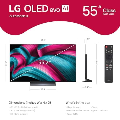 LG 55-Inch Class OLED evo AI 4K C5 Series Smart TV w/Dolby Atmos, Dolby Vision, HDR10, AI Super Upscaling 4K, Filmmaker Mode, Wow Orchestra, Alexa Built-in (OLED55C5PUA, 2025) 2