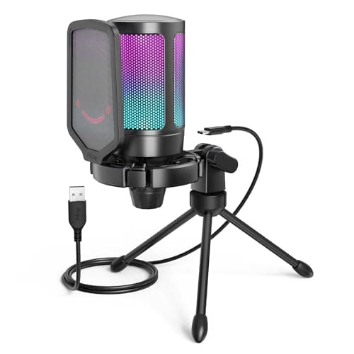 FIFINE Gaming USB Microphone for PC PS5, Condenser Mic with Quick Mute, RGB Indicator, Tripod Stand, Pop Filter, Shock Mount, Gain Control for Streaming Discord Twitch Podcasts Videos- AmpliGame