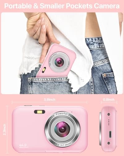 Digital Camera, Kids Camera with 32GB Card, FHD 1080P 44MP Vlogging Camera, 16X Zoom Point and Shoot Digital Camera Compact Portable Rechargeable Cameras for Teens Boys Girls Students Seniors-Pink 5