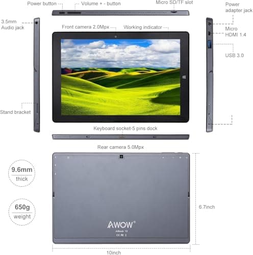 AWOW 10.1" 2-in-1 Windows Tablet with Keyboard, Intel N100 Processor, 12GB DDR5 RAM, 256GB Storage, Detachable Touchscreen Laptop, Windows 11, Dual-Band WiFi, Bluetooth, USB 3.0, HDMI, Dual Cameras 5