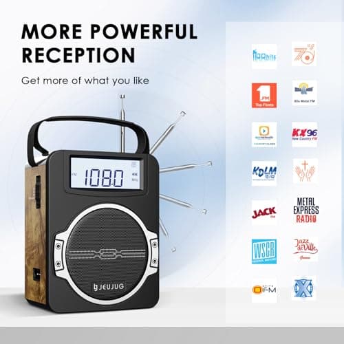 JEUJUG Radio Portable AM FM Digital Radios Clock Radio with Bluetooth 5 Watts Loud Speaker Rechargeable AM FM Radios Plug in Wall Battery Operated Best Reception for Home Outdoor Great Retro 2