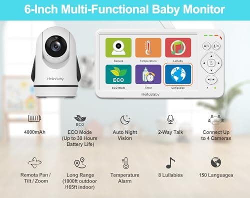 HelloBaby Baby Monitor with Camera & Audio,6" Global First IPS Display 30H Battery, Video Baby Monitor No WiFi,2-Way Talk,ECO,Pan Tilt & Night Vision,1000ft, for Parents, Elderly & Pets This Christmas 2