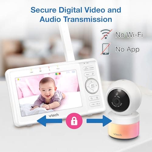 VTech Video Baby Monitor with Camera and Audio, 5" HD LCD Screen, Pan-Tilt-Zoom, 2-Way Talk, VOX Mode, Night Lights, Lullabies, Soothing Sounds, Temperature sensor, Long Range, No WiFi: VM5263 (White) 5