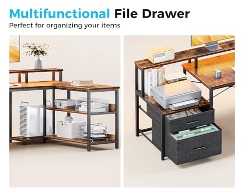 ODK 75" L Shaped Desk with File Drawers, L Shaped Office Desk with Power Outlet & LED Strip, Reversible Computer Desk with Storage Shelves, Gaming Desk with Monitor Shelf, Corner Table, Vintage 4