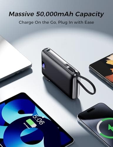 50000 mAh Portable Charger with Built in Cable & Wall Plug, Power Bank, 4 Outputs, 22.5W Fast Charging, Travel Essential Battery Pack with LED Display for iPhone 17/16/15/14 Series, Samsung, iPad 5