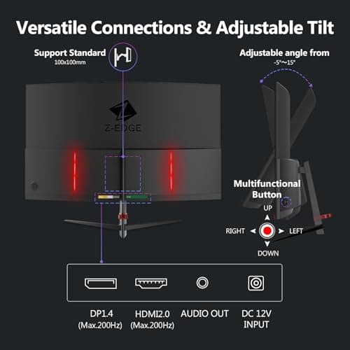 Z-Edge 27 inch Curved Gaming Monitor, FHD 1080P 200Hz 165Hz 144Hz Curved 1500R PC Monitor, MPRT 1ms Monitor, 350nits, 16.7M Colors, UG27 Frameless Bezel, 1X DP 1.4 Ports and 1X HDMI 2.0 Ports 5