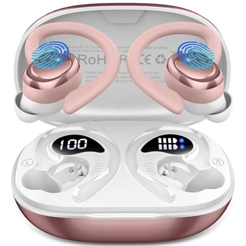 Hupoaf Wireless Earbuds Sport, New Bluetooth 5.4 Headphones with Earhooks, 50H Stereo Deep Bass Over Ear Buds with 4 ENC Noise Canceling Mics, IP7 Waterproof Earphones for Running Workout Gym -Rose