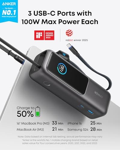 Anker Laptop Power Bank, 25,000mAh Portable Charger with Triple 100W USB-C Ports, Built-in Retractable Cables, Flight-Approved for Travel, iPhone 16/15 Series, MacBook, Samsung, and More 2