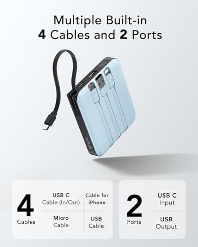 VRURC 10000mAh Portable Charger for iPhone with Built-in Cables, PD 20W Fast Charging Power Bank, Battery Pack for iPhone 16 15 14 13 Samsung Galaxy S25 S24 Series Android, Blue(1 Pack) 5