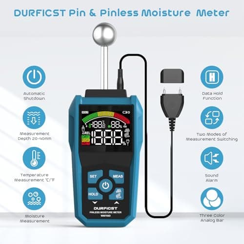 DURFICST Pin&Pinless Moisture Meter with Color LCD & Acoustic Alarm, Detects 20-40 mm Walls, Wood, Masonry, Concrete & Other Building Materials 2
