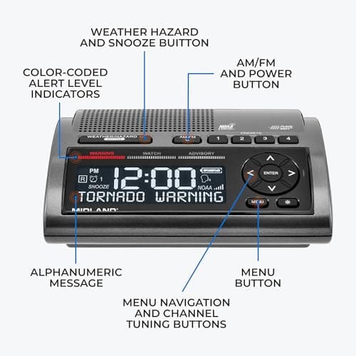 Midland - WR400 Weather Radio Deluxe - NOAA Emergency Alert Scanner – Home Use with Battery Backup - Local County Programming Over 80 Emergency Voice Flashing Alerts – Alarm Clock AM/FM Radio 5