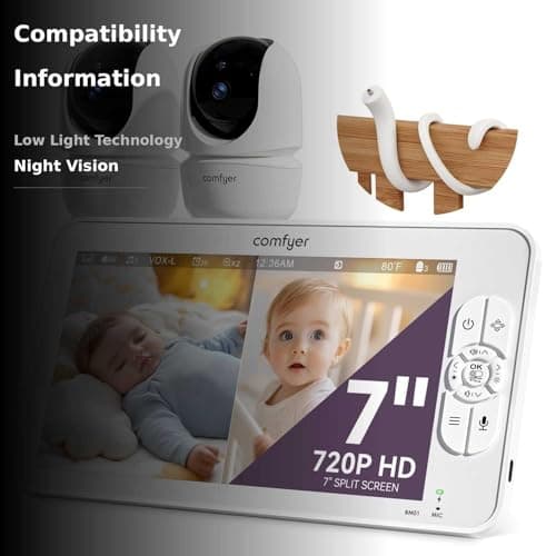 Comfyer 7" HD Split-Screen Baby Monitor with 2 1080P Cameras, 120 Hrs 6000mAh Battery Runs 5 Days in VOX Mode, No WiFi Monitor with a Flexible Bracket, 2 Way Audio, Remote PTZ, Auto Night Vision 2