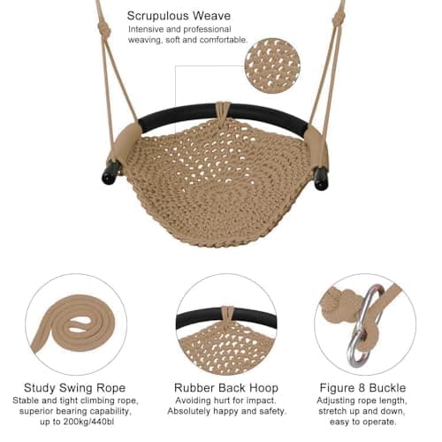 JKsmart Toddler Swing, Swing Seat for Kids Heavy Duty Rope Play Secure Children Swings Set, Perfect for Indoor,Outdoor,Playground,Home,Tree,with Snap Hooks & Straps,440 lbs Capacity, Light Brown 3