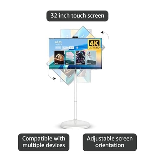 32 Inch 4K Smart Portable TV, Qualcomm Snapdragon 665 CPU, EDLA-Certified, Built-in 20000mAh Battery, 8+128GB, Android OS, Rolling Touch Screen Monitor on Wheels, Air Remote Mouse, with 5MP Webcam 4